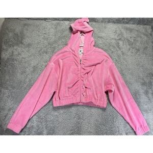 Juicy by Juicy Couture Sweatshirt Womens Pink Velour Hoodie Cropped Zip Large **